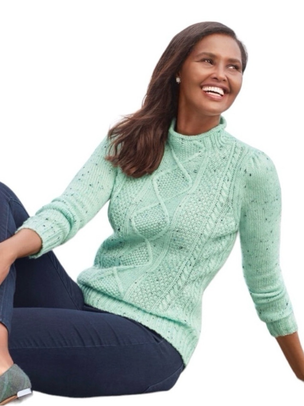 Talbots Frosty Mint Cable Knit Mock Neck Tunic Sweater Women’s MP Medium Petite